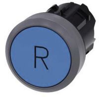 Drucktaster, 22mm, rund, blau, Beschriftung: R, Druckknopf 3SU1030-0AB50-0AR0