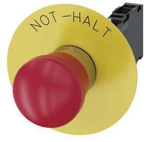 Not-Halt-Pilzdrucktaster, 22mm, rund, rot, Beschriftung: Not-Halt, 1S+1Ö