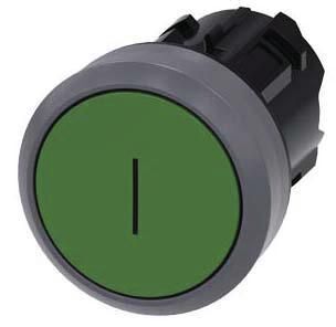 Drucktaster, 22mm, rund, grün, Beschriftung: I, Druckknopf