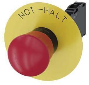 Not-Halt-Pilzdrucktaster, 22mm, rund, rot, Beschriftung: Not-Halt, 1S+1Ö